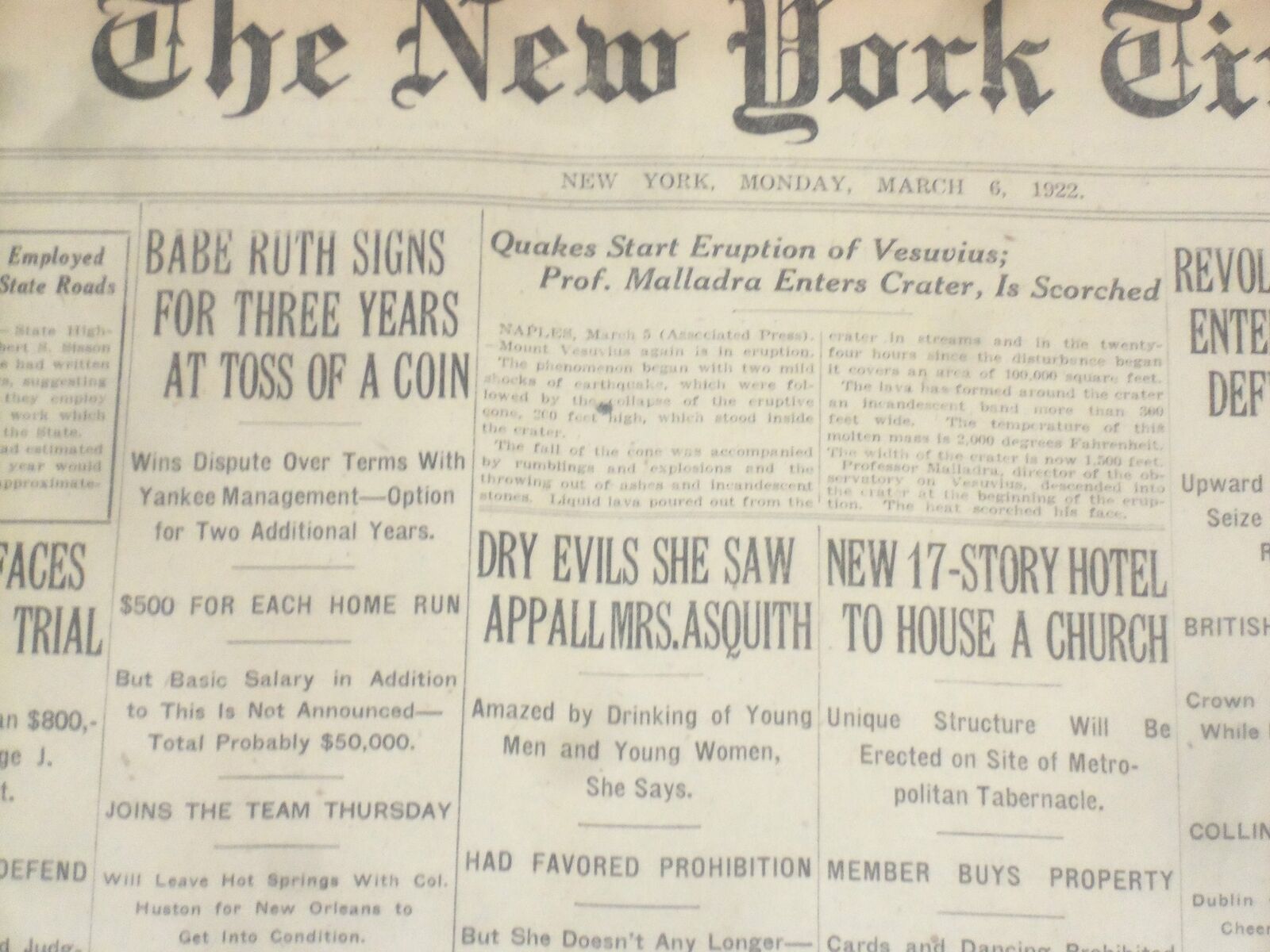 1922 MARCH 6 NEW YORK TIMES- QUAKES START ERUPTION OF VESUVIUS-BABE RUTH-NT 8308