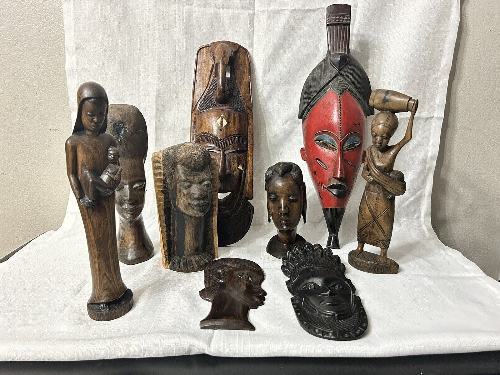VTG Lot Of African Tribal Wooden Carved Masks Statues   And Bust Africa Travel