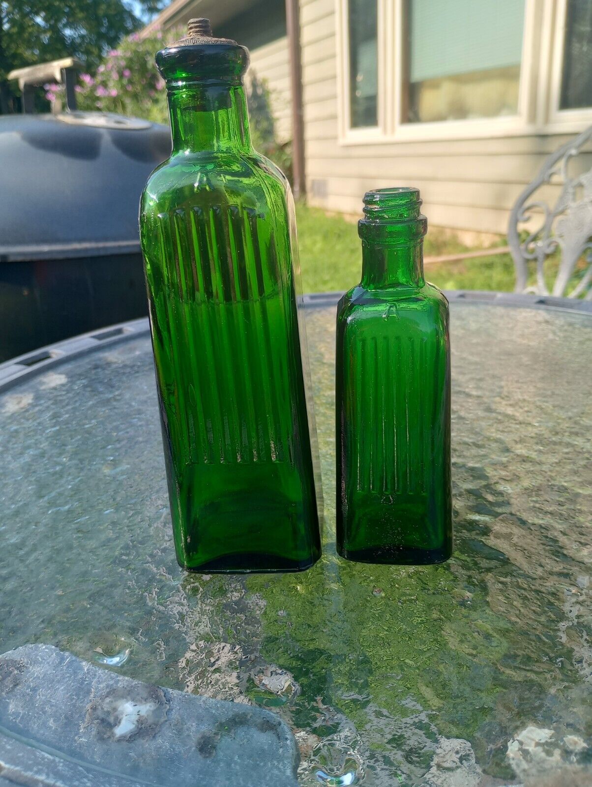 Vintage forest green INK BOTTLES 2 lot one cork & One Screw Type same Maker 