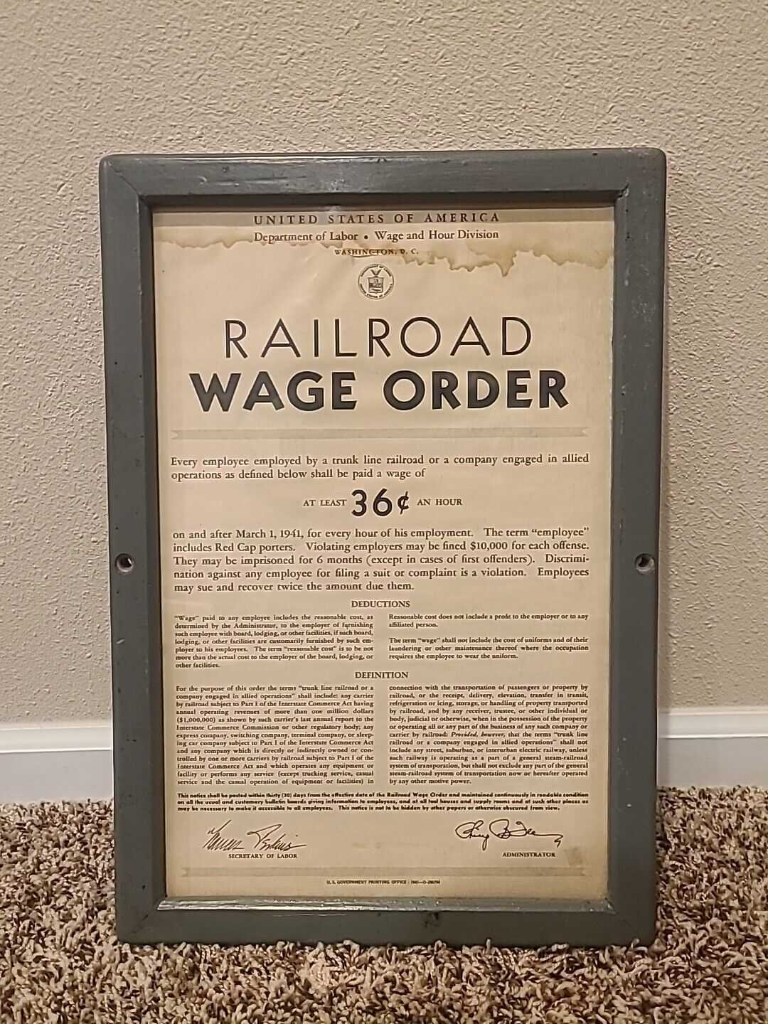 Vintage 1941 Railroad Wage Poster Framed Train USA 