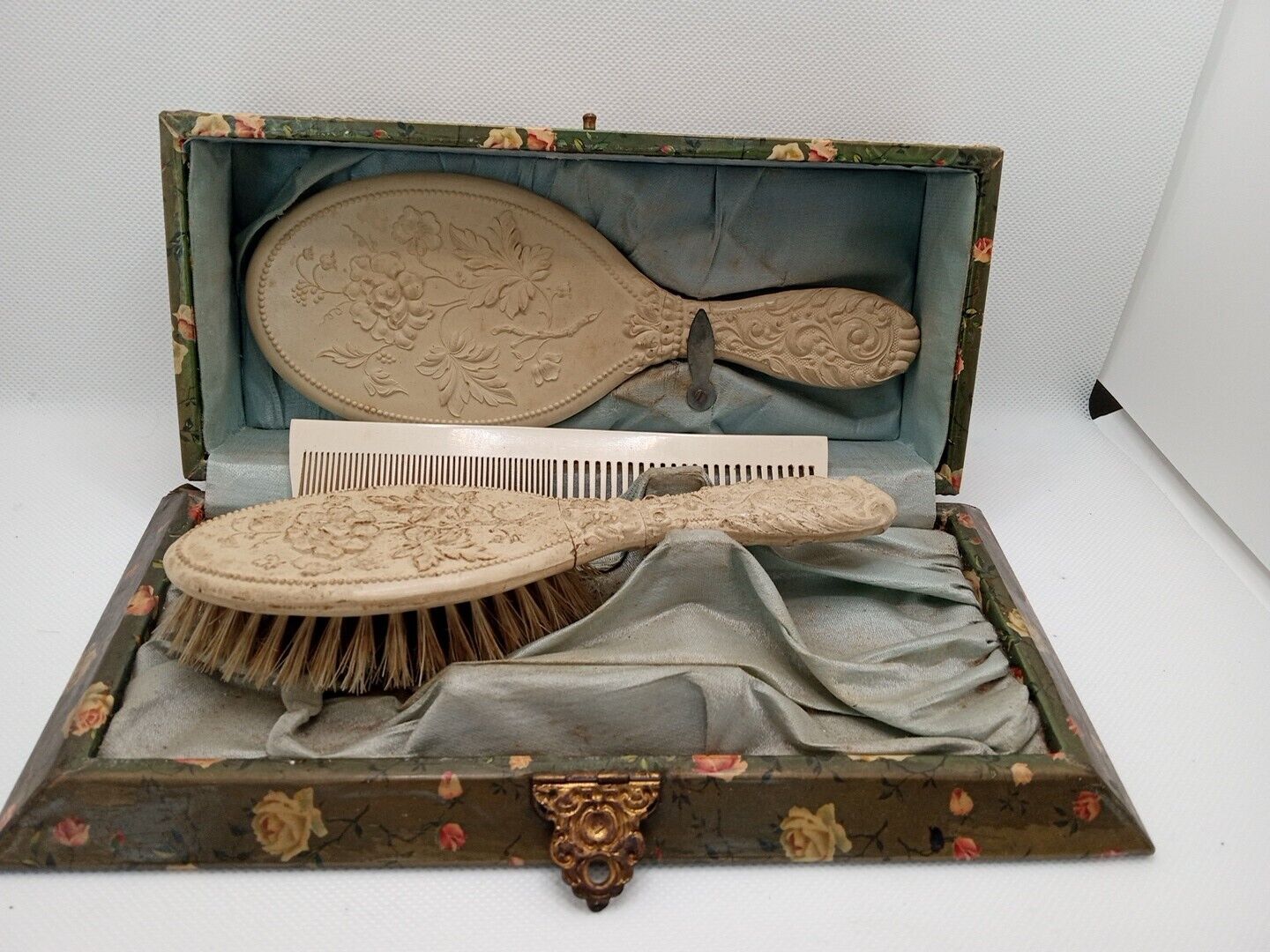 Rare Antique Victorian Lady Velvet Celluloid Paper Vanity Hair Brush Mirror Set