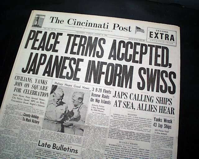 Nice JAPANESE SURRENDERS End of World War II PEACE V-J Day 1945 WWII Newspaper