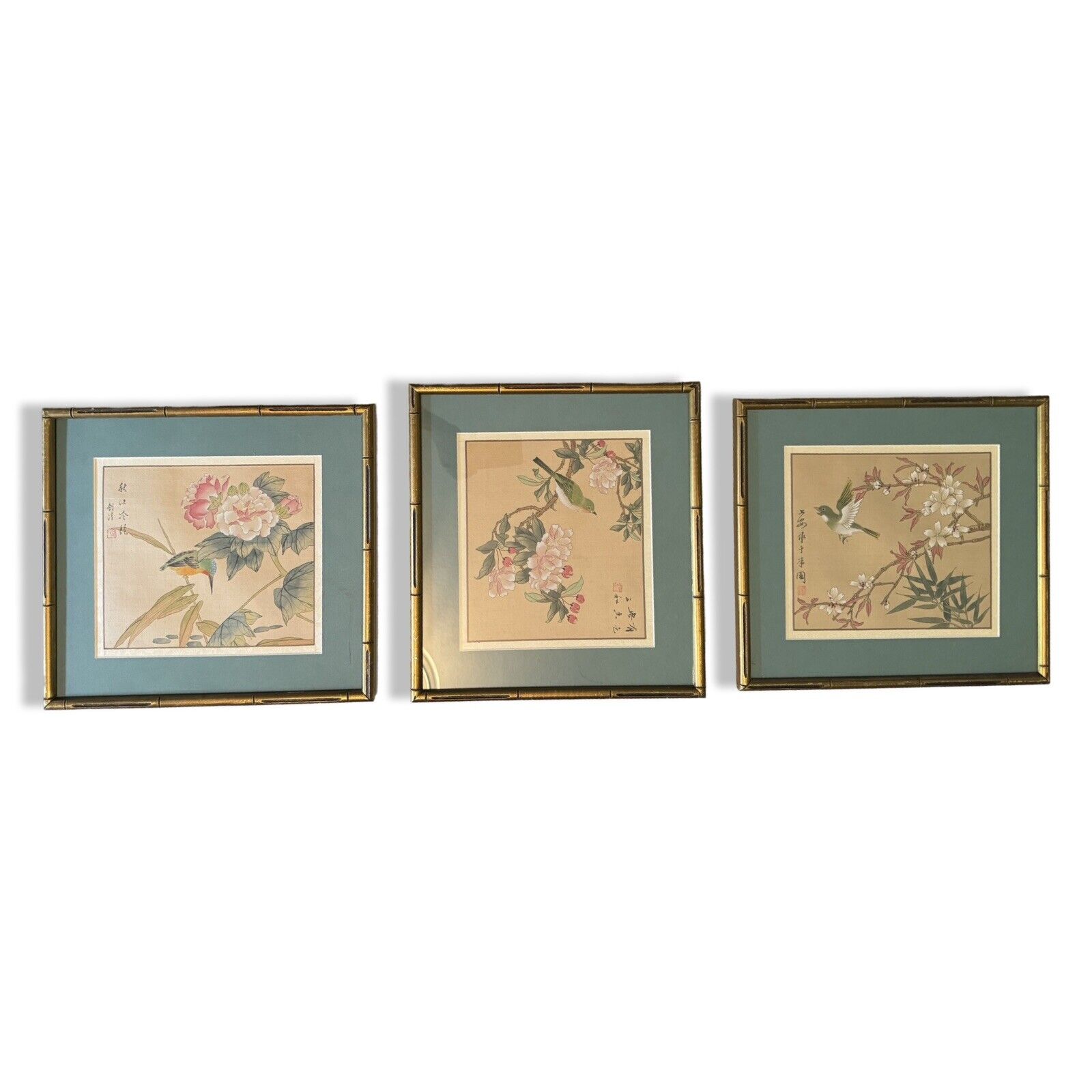 Set Of 3 Spectacular Asian Framed Birds &Flowers Art /signed & Stamped Vintage