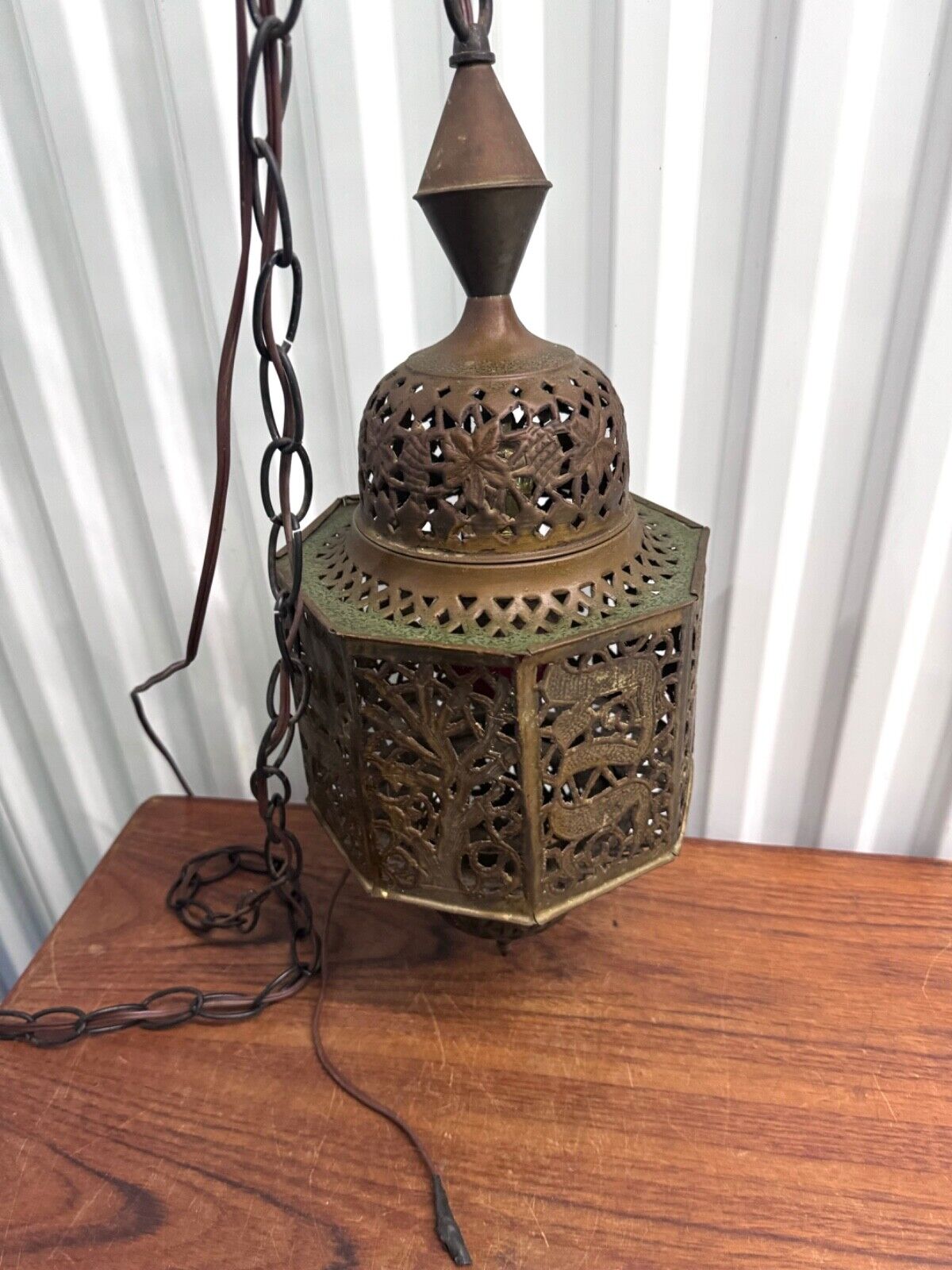 Vintage Mid Century Brass Judaica Hanging Swag Lamp