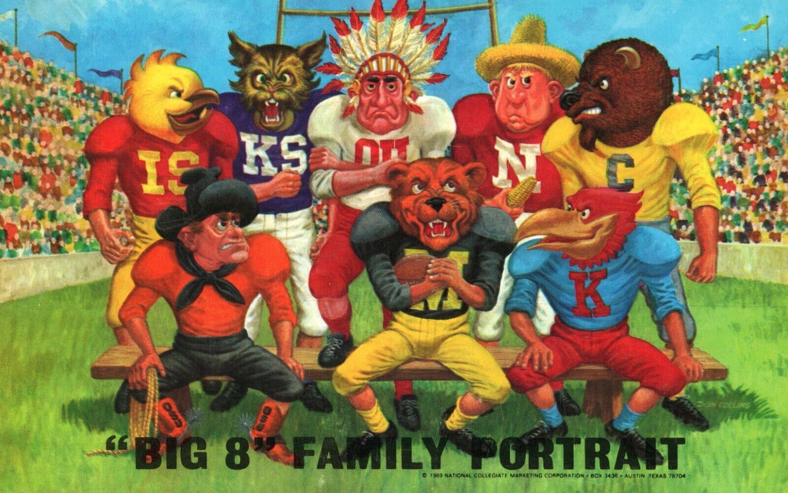 Football Family Portrait Big 8 College Conference NCAA Comic Art 1969 Postcard