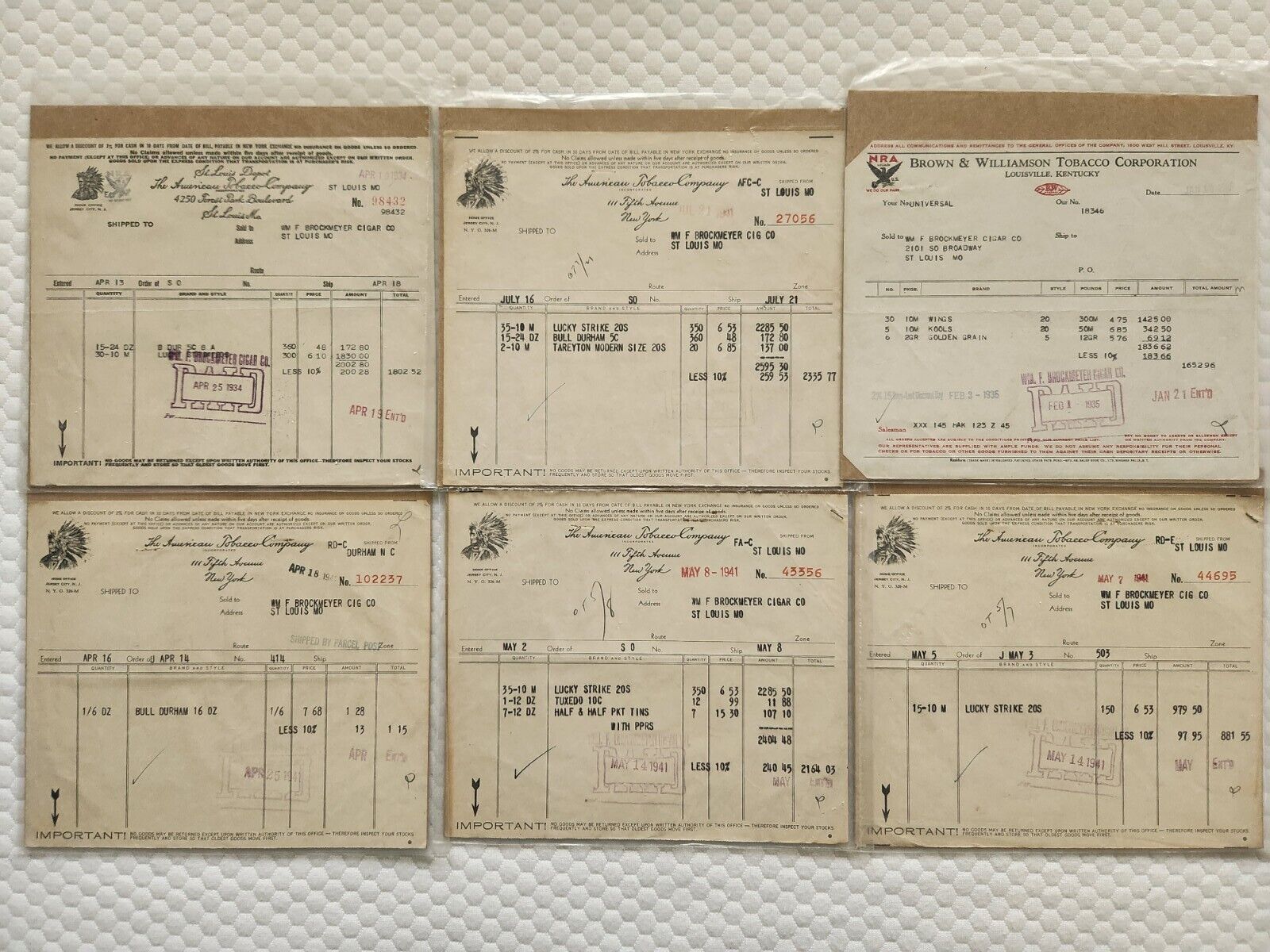 LOT OF AMERICAN TOBACCO COMPANY SALES RECEIPTS 1930'S & 40'S