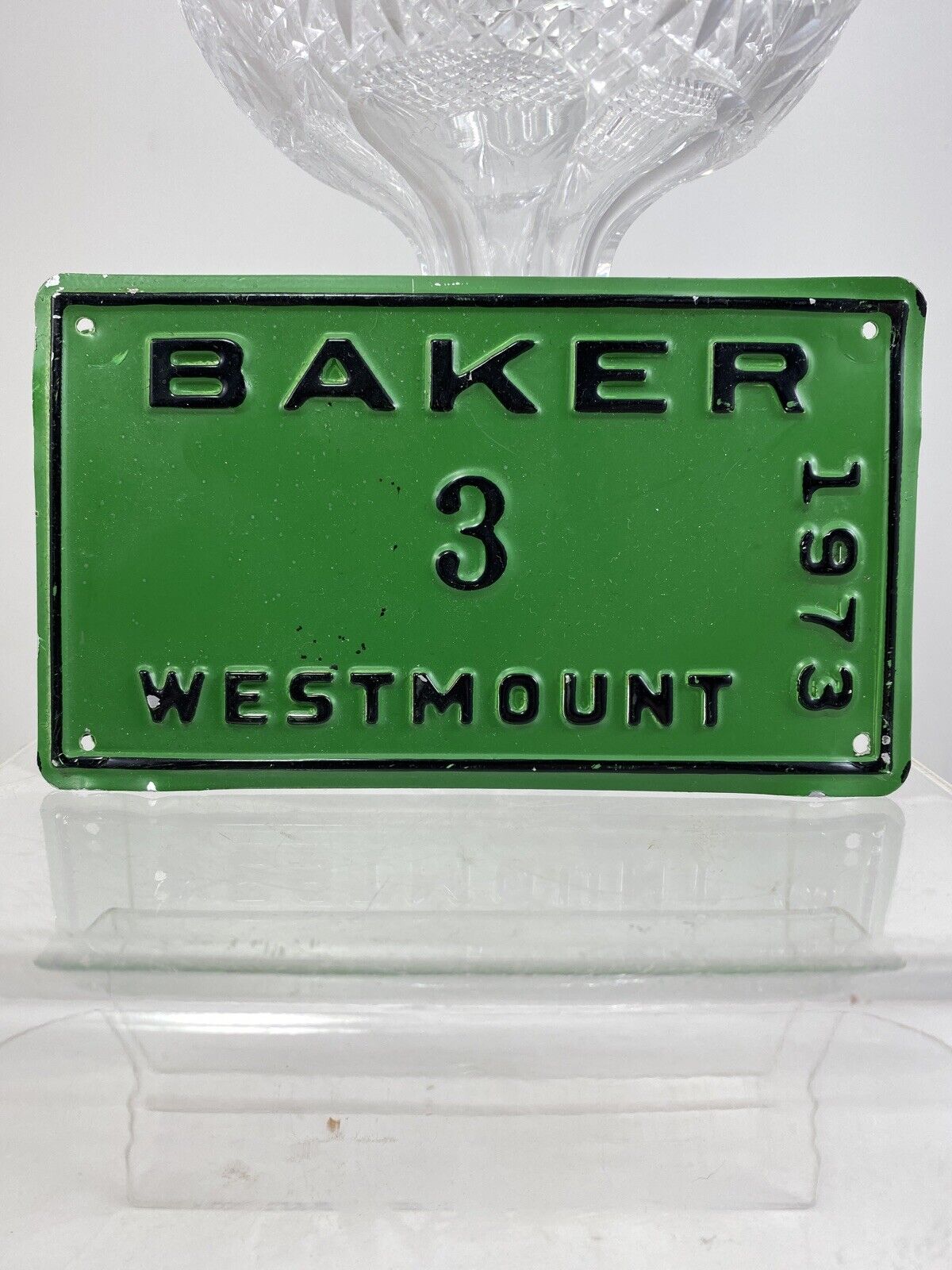 Vintage 1973 BAKER 3 Westmount NJ Vanity Green License Permit Tax Plate Tag 6”