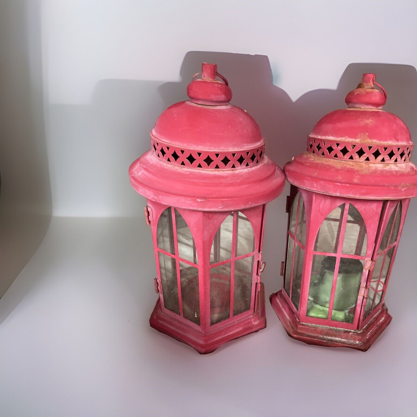 2 vintage red lanterns  One Has A Vintage Candle