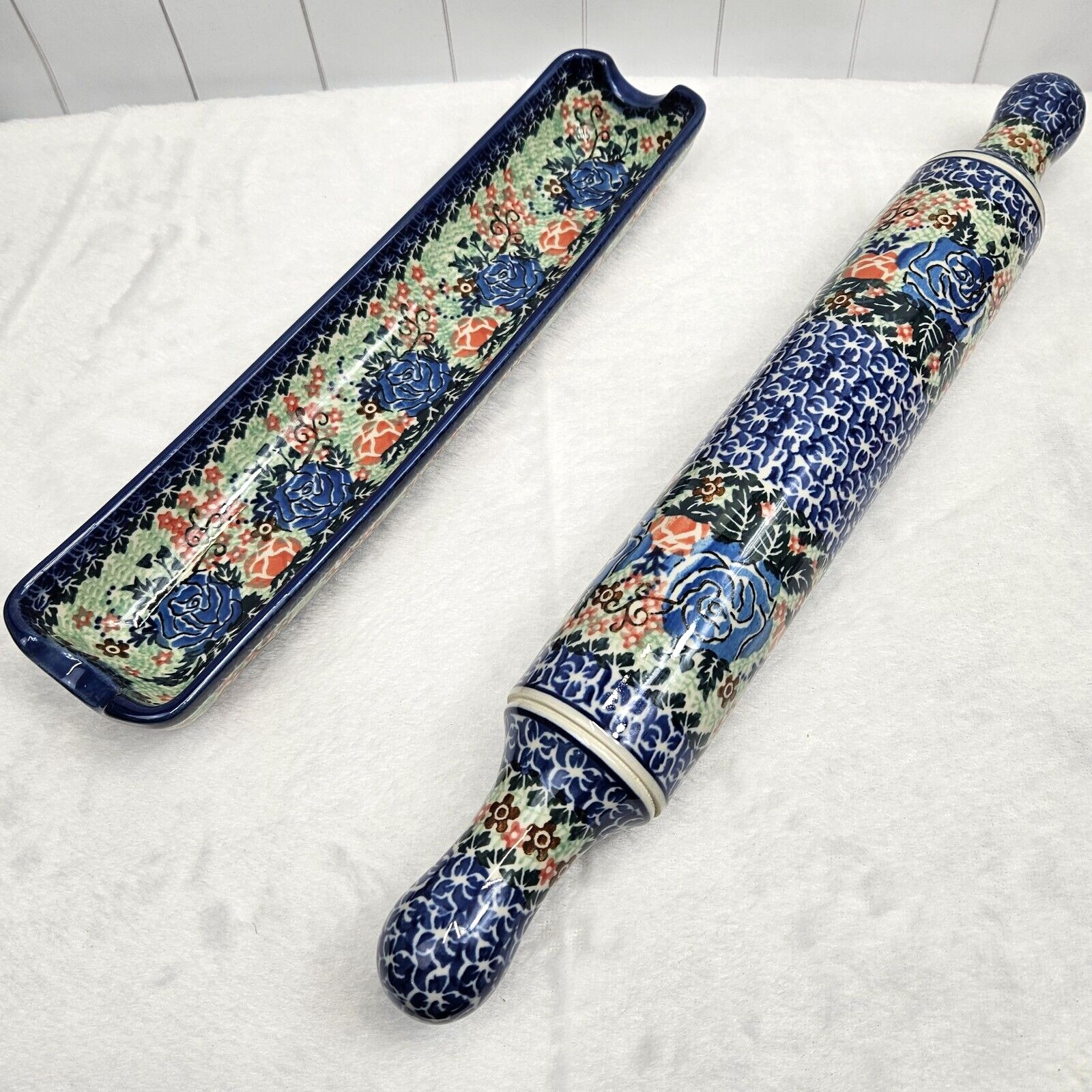 Hand Painted Polish Pottery Rolling Pin And Cradle UNIKAT Signature Blue Roses