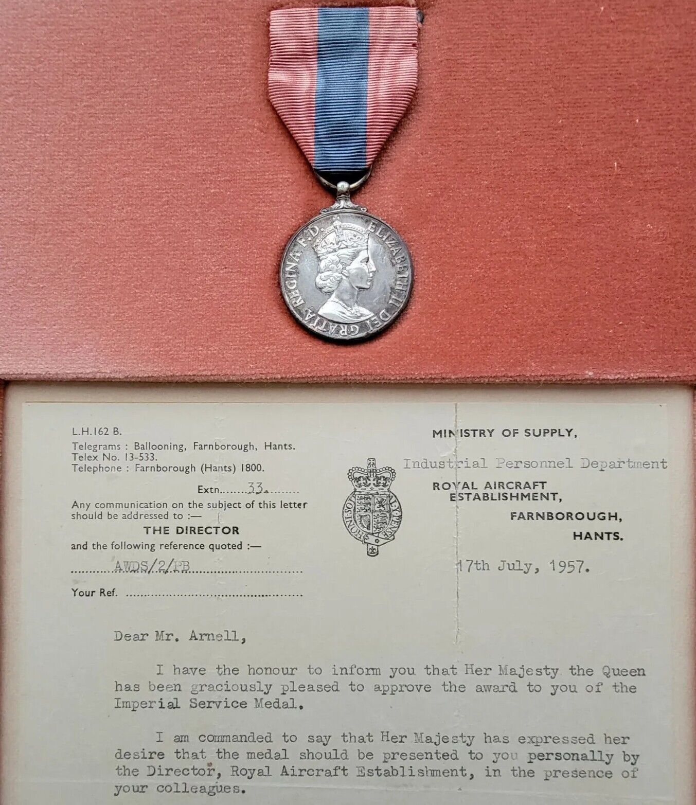 1957 Imperial Service Medal Royal Aircraft Dept Queen Elizabeth EIIR Letter Rare