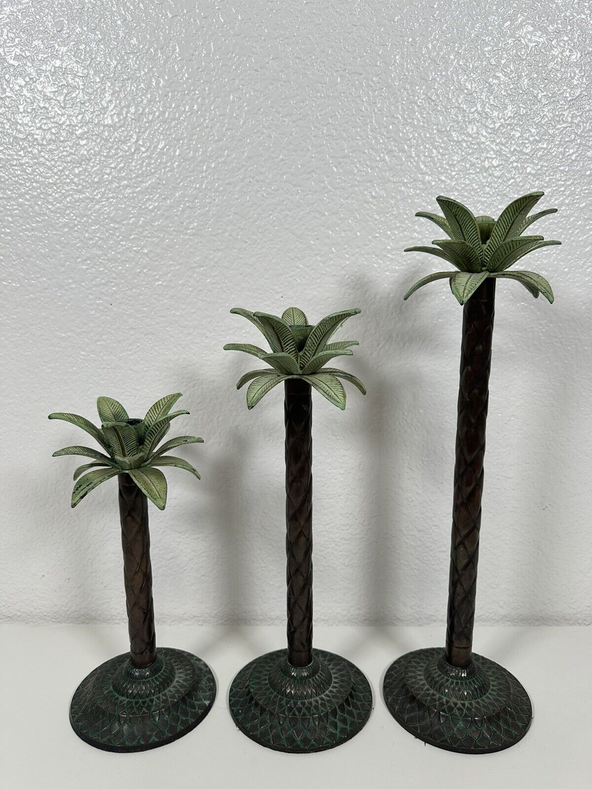 Vintage Two’s Company Bronze Candle Holders Palm Tree Large Set Of Three