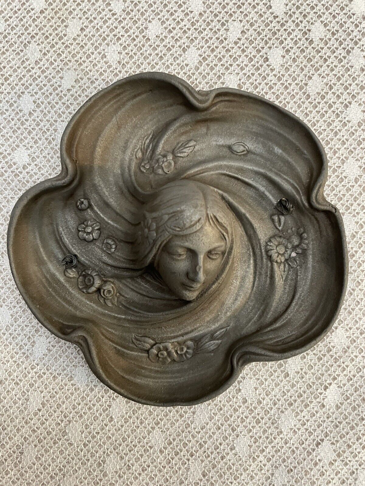 1900's Art Nouveau Metal Dresser Tray ~ Detailed Female with Swirling Long Hair