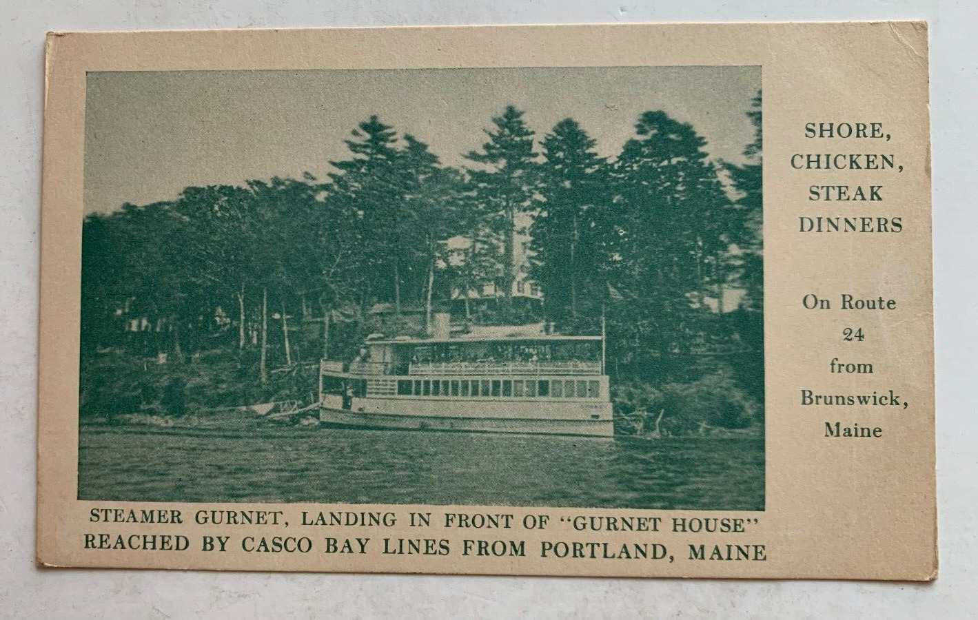 ca 1920s ME Postcard Brunswick Casco Bay Lines Steamer Gurnet House Restaurant