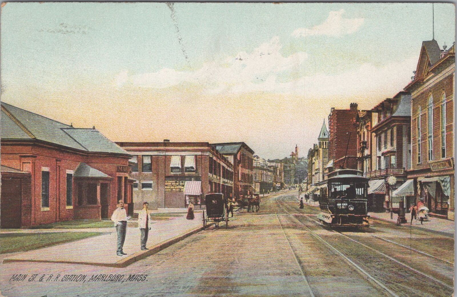 Main St. R.R. Railroad Station, Marlboro, Massachusetts Trolley 1910 Postcard