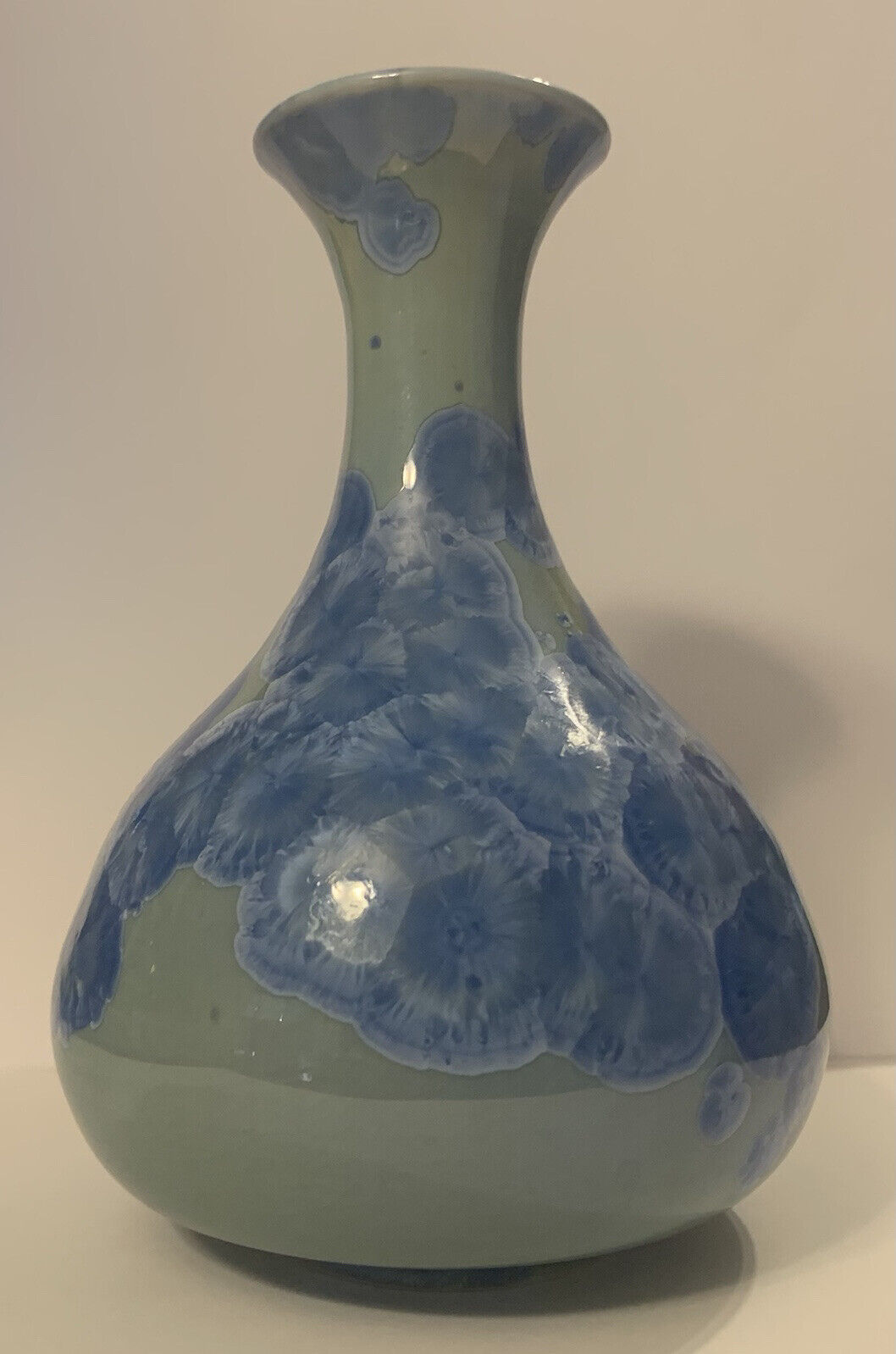 Vintage Crystalline Pottery Glazed Flower Bud Vase Blue Aqua Signed