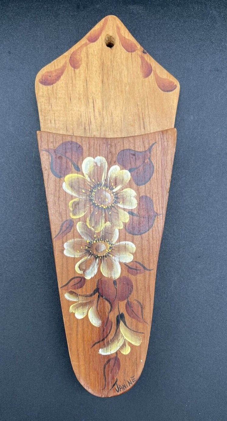 Vintage 1970s Scissors Holder Wooden Wall Mount Hand Painted Floral Signed
