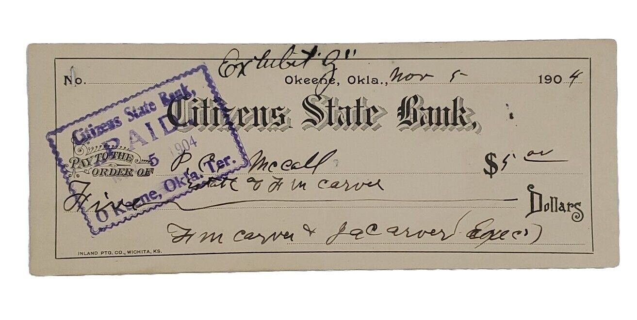 1904 Bank Check: Citizens State Bank, P.C. McCall