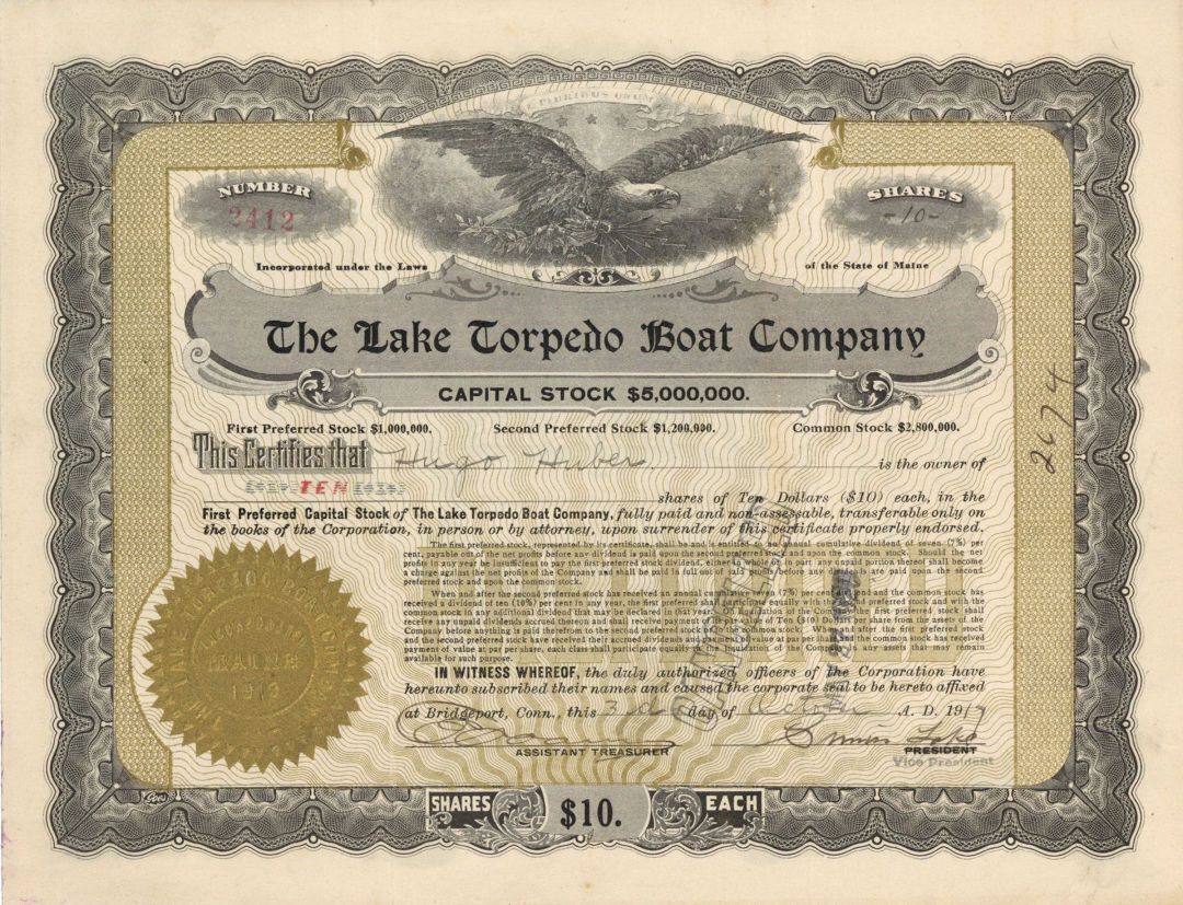 Lake Torpedo Boat Co. Signed by Simon Lake - 1915-1920 dated Autograph Stock Cer