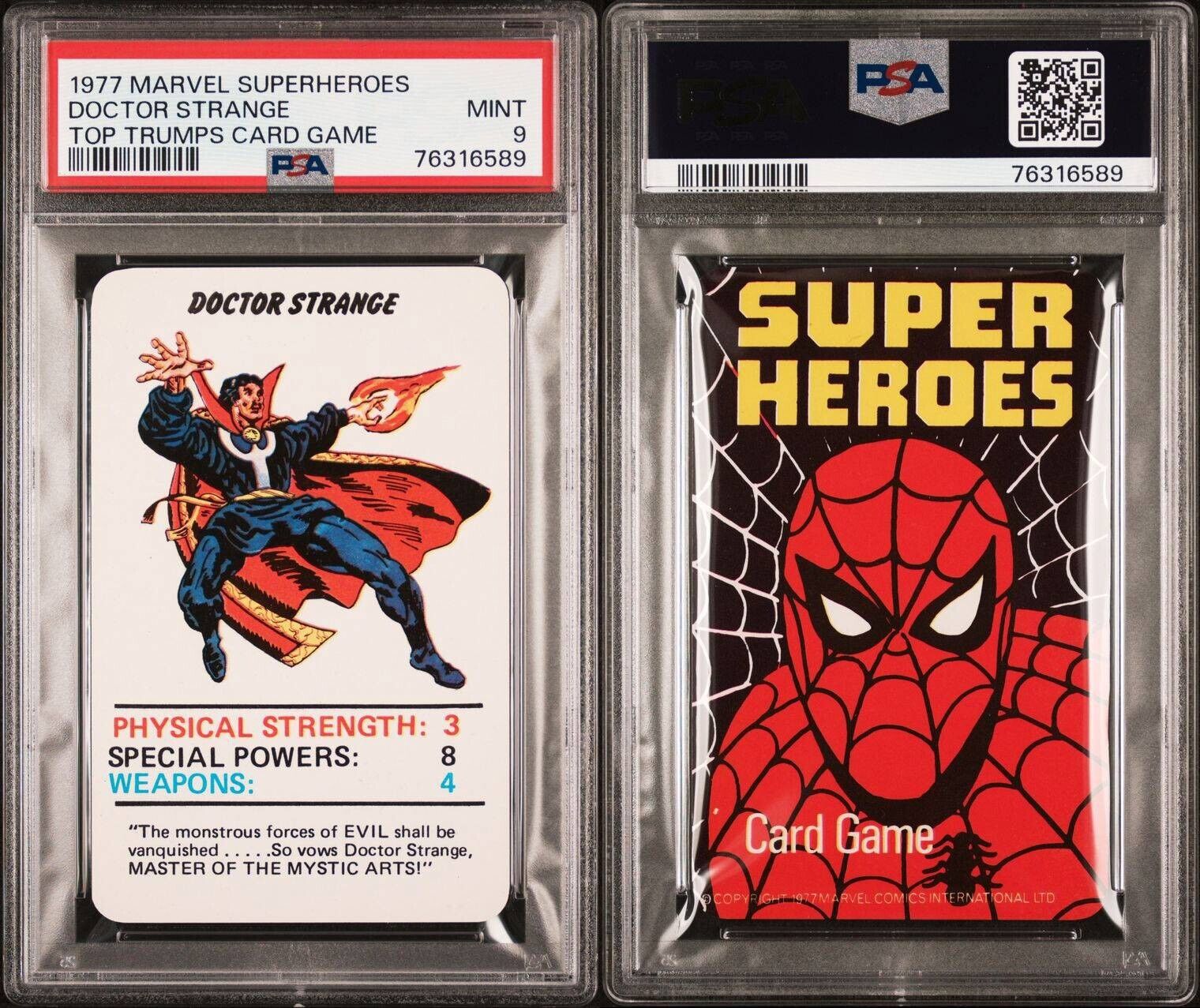 1977 MARVEL SUPERHEROES DOCTOR STRANGE TOP TRUMPS CARD GAME PSA 9 MINT POP 1