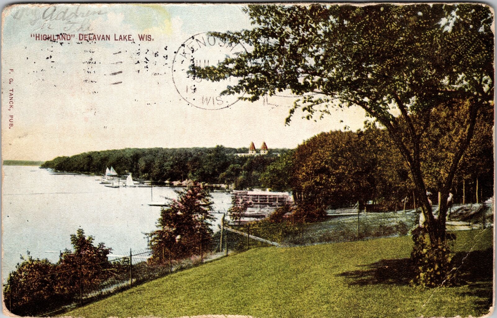 Delavan Lake WI-Wisconsin Scenic View from Hill Water Boats Vintage Postcard