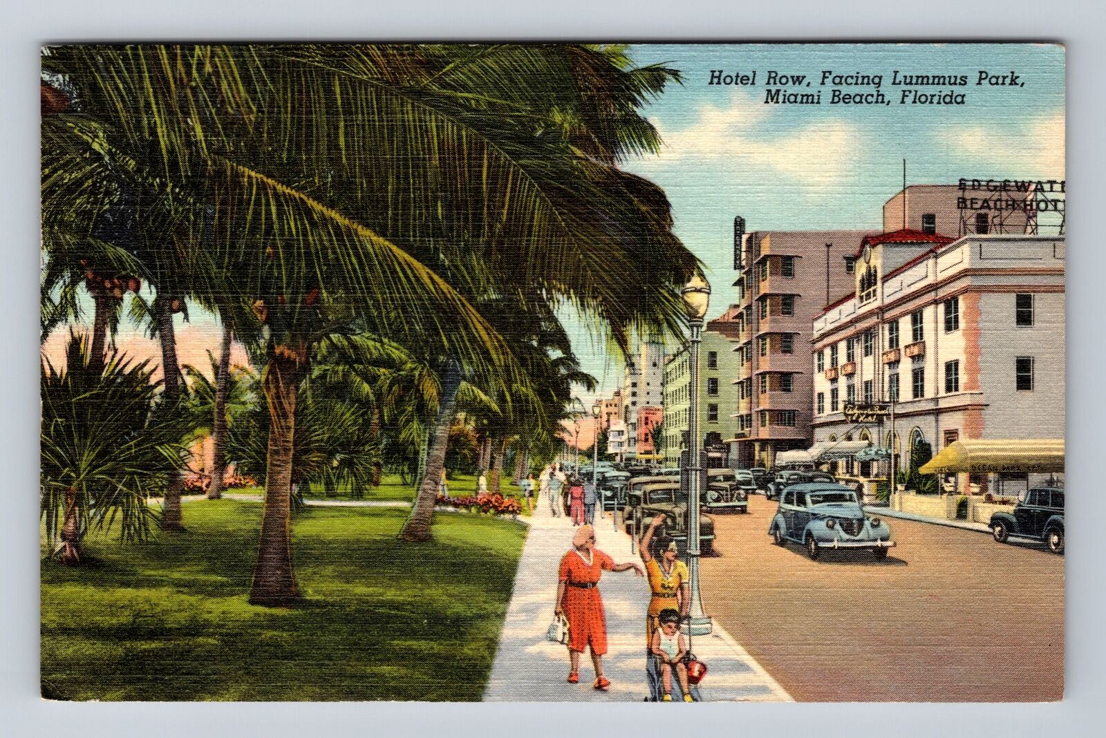 Miami Beach FL-Florida, Hotel Row Facing Lummus Park, Antique Vintage Postcard
