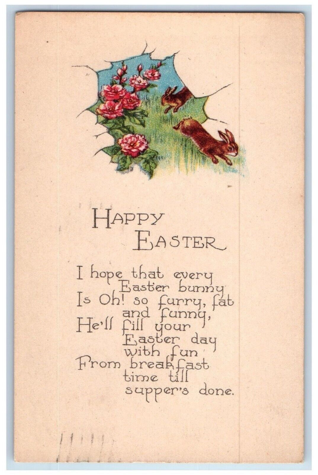 1923 Happy Easter Rabbit Bunny Running Pink Flowers Peoria Illinois IL Postcard