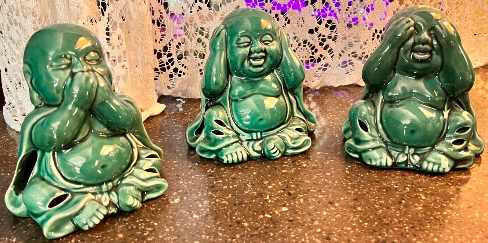 Vtg Smiling Buddha jade Green 3 Statue Figurine potpourri sachet holder Ceramic