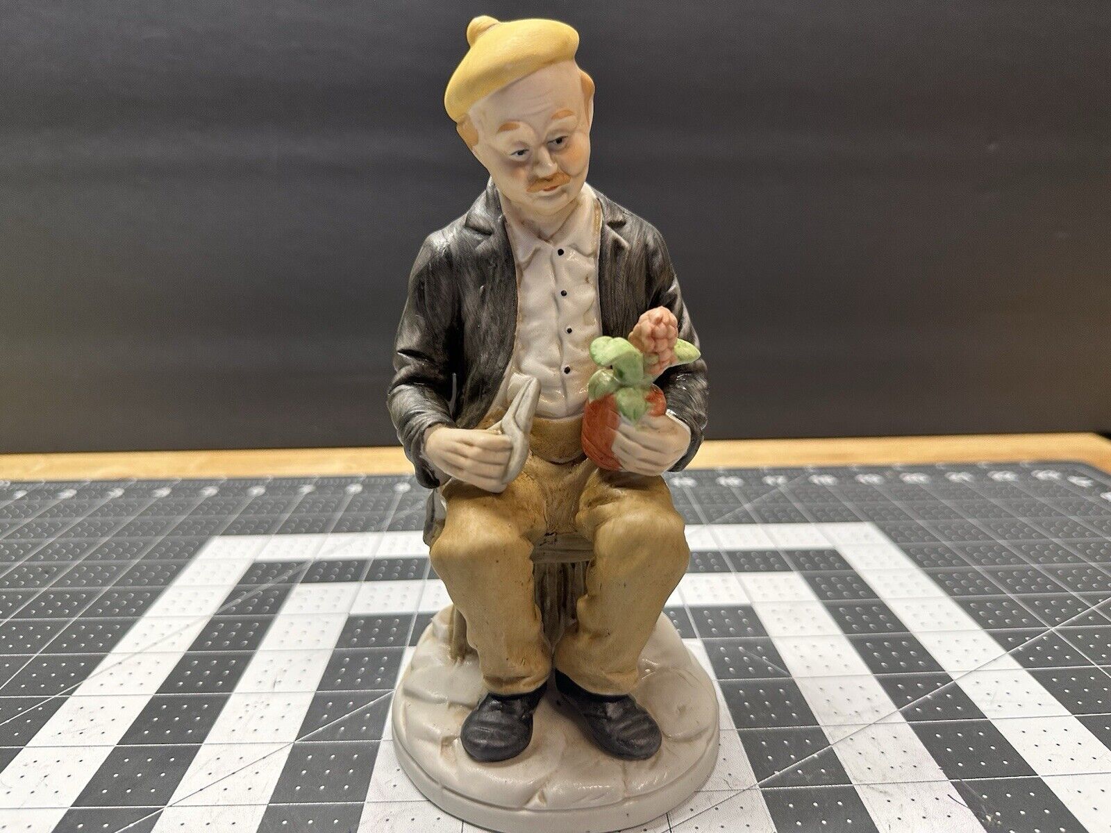Vintage Ceramic Figurine Seated Redhead Man Mustache Holding Scissors & Plant