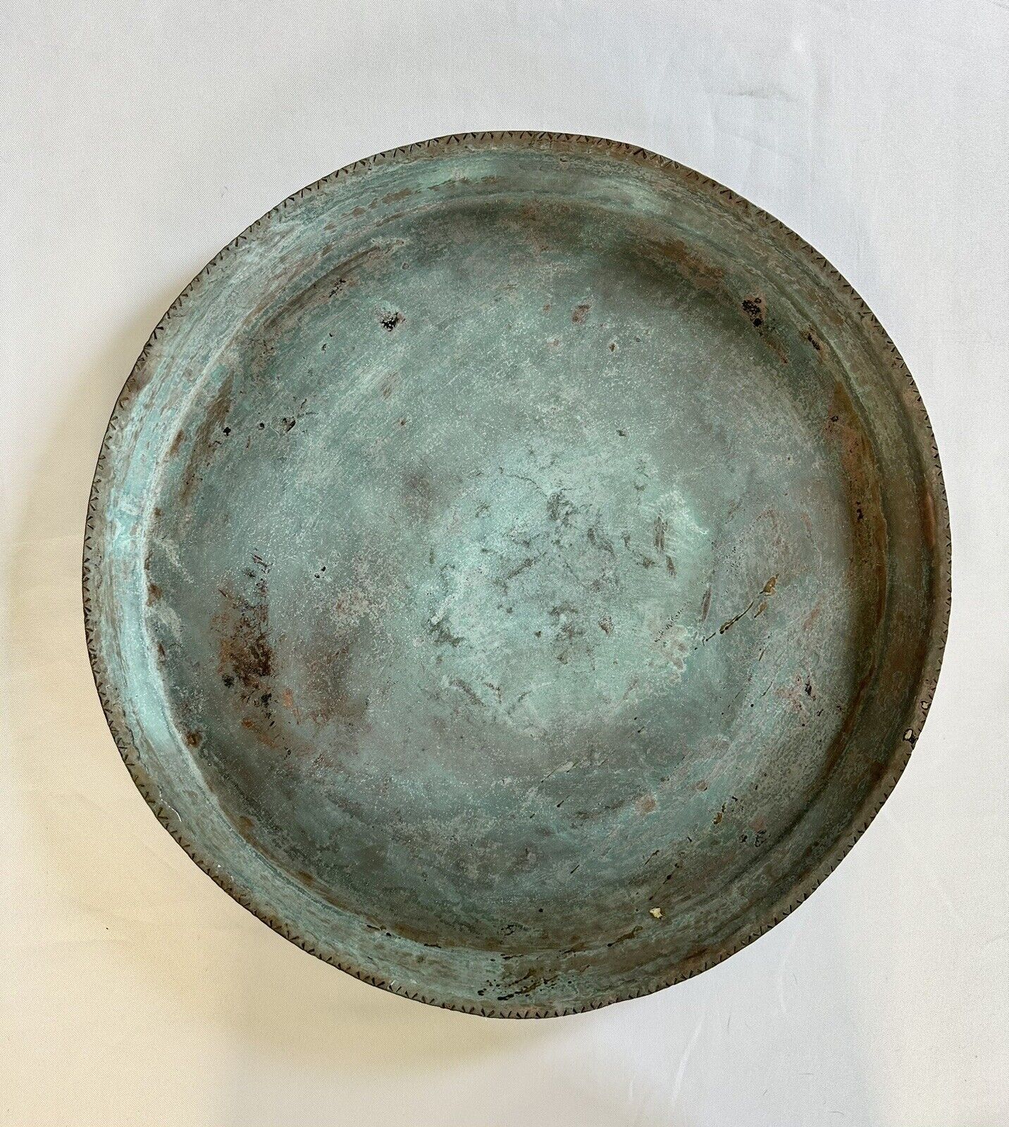 Antique solid copper patinated round tray - 17.5” D