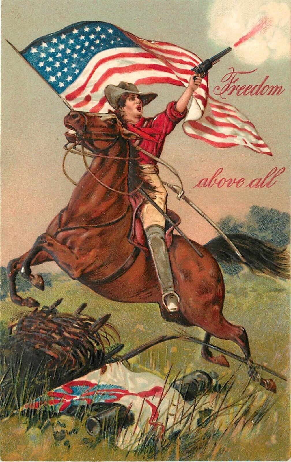 PFB Embossed Patriotic PC Man on Horse Shoots Gun Waves US Flag Freedom over All