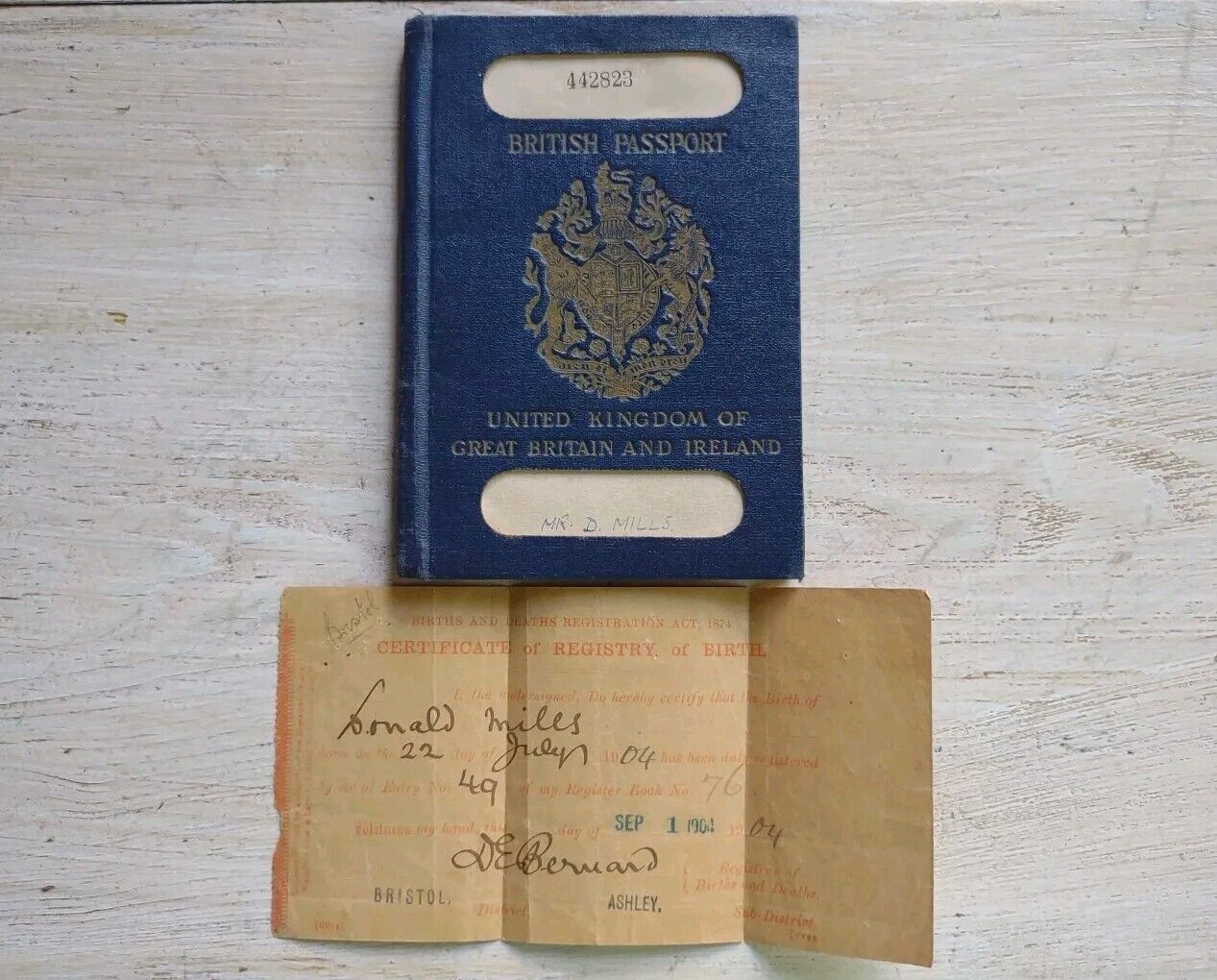 Antique 1923 BRITISH PASSPORT & Birth Certificate DONALD MILLS to UNITED STATES