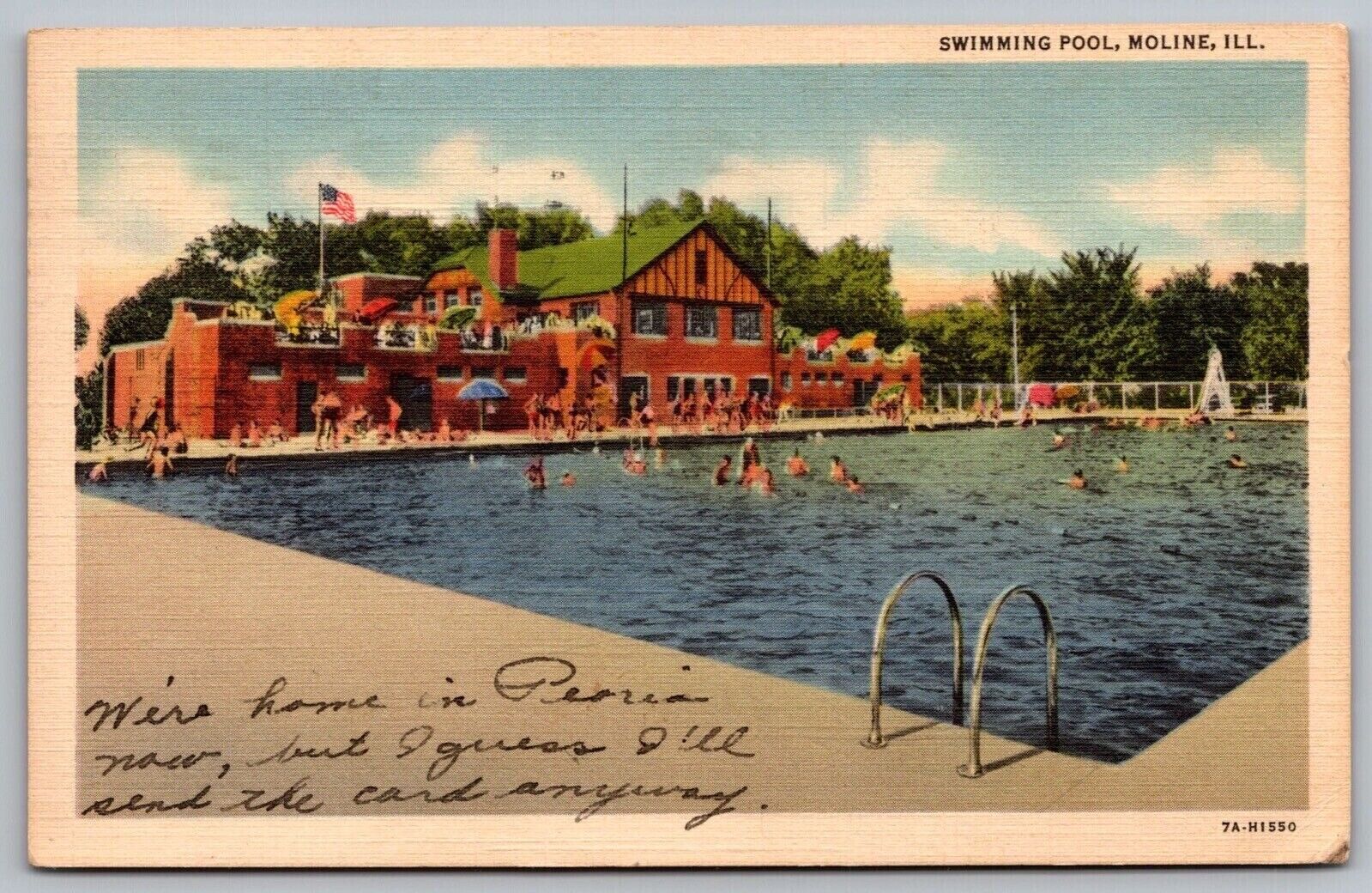 Swimming Pool Moline Illinois American Flag Cancel 1939 Vintage Linen Postcard