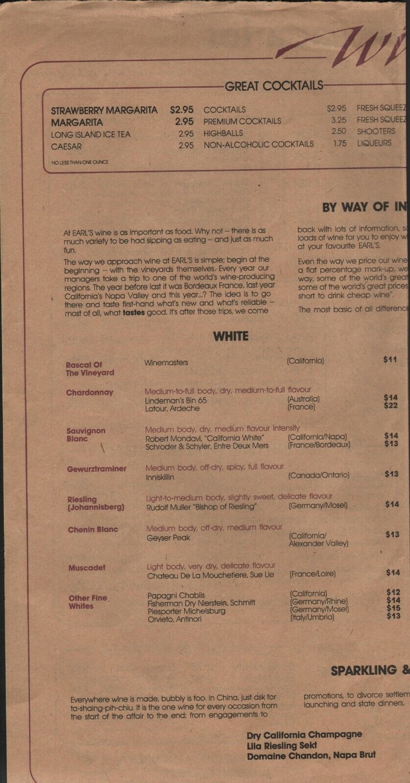 EARL'S Restaurant Menu and Wine list Vancouver Canada 1987