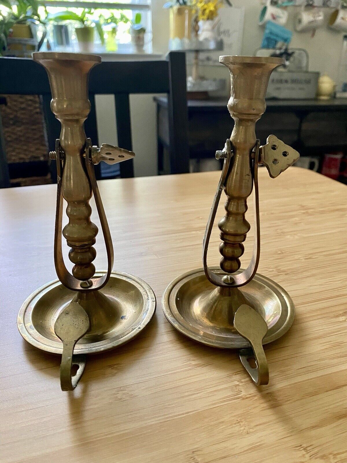 Vintage Pair Aged Brass Swivel Nautical Ships Chamberstick Candle Holder.