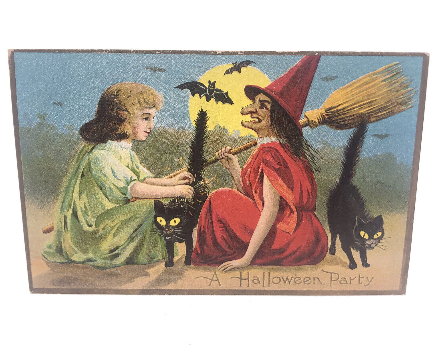 Vintage (cir 1912) Embossed Postcard A HALLOWEEN PARTY witch bat USED w/1¢ Stamp