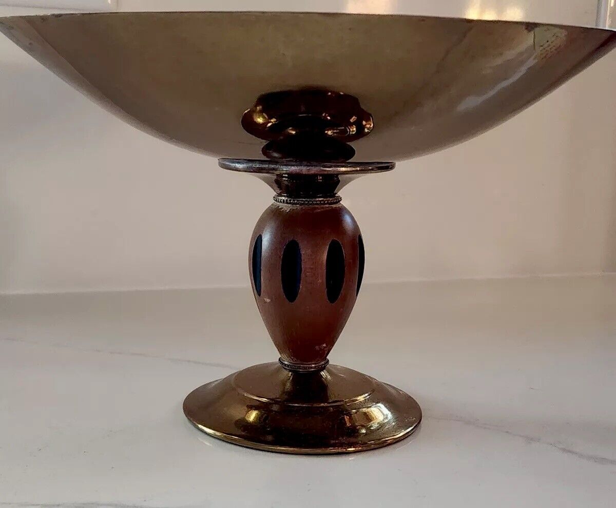 Vintage Mid-century Modern MCM Brass Wood Pedestal Bowl