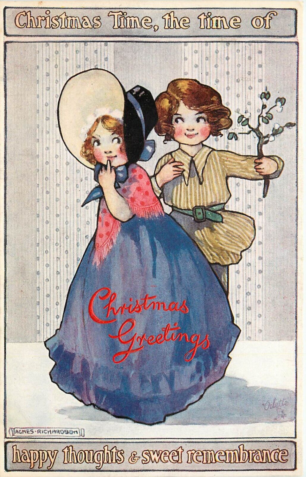 Tuck Christmas Postcard C2005 Agnes Richardson, Smiling Girl & Boy w/ Mistletoe