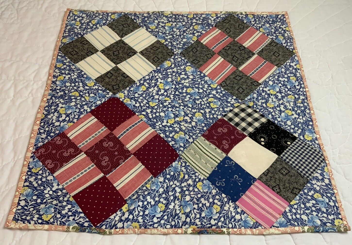 Vintage Antique Patchwork Quilt Table Topper Or Wall Hanging, Nine Patch, Blue