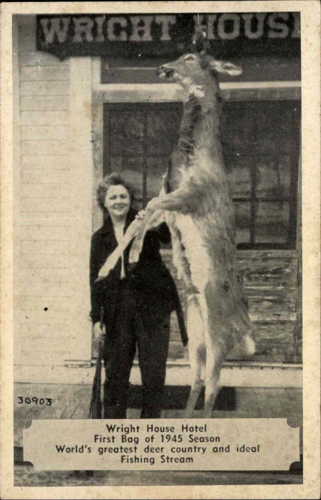 Woman Hunting Gun Dead Deer Wright House Hotel c1940s Postcard