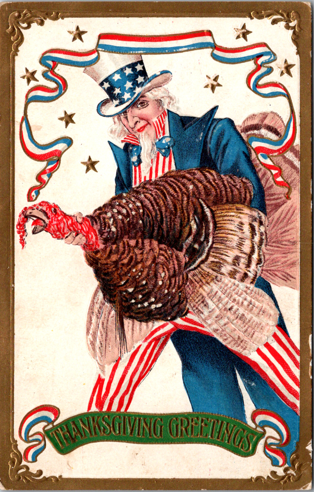 Vintage C. 1910 Uncle Sam Patriotic Thanksgiving Day Greeting Postcard Turkey