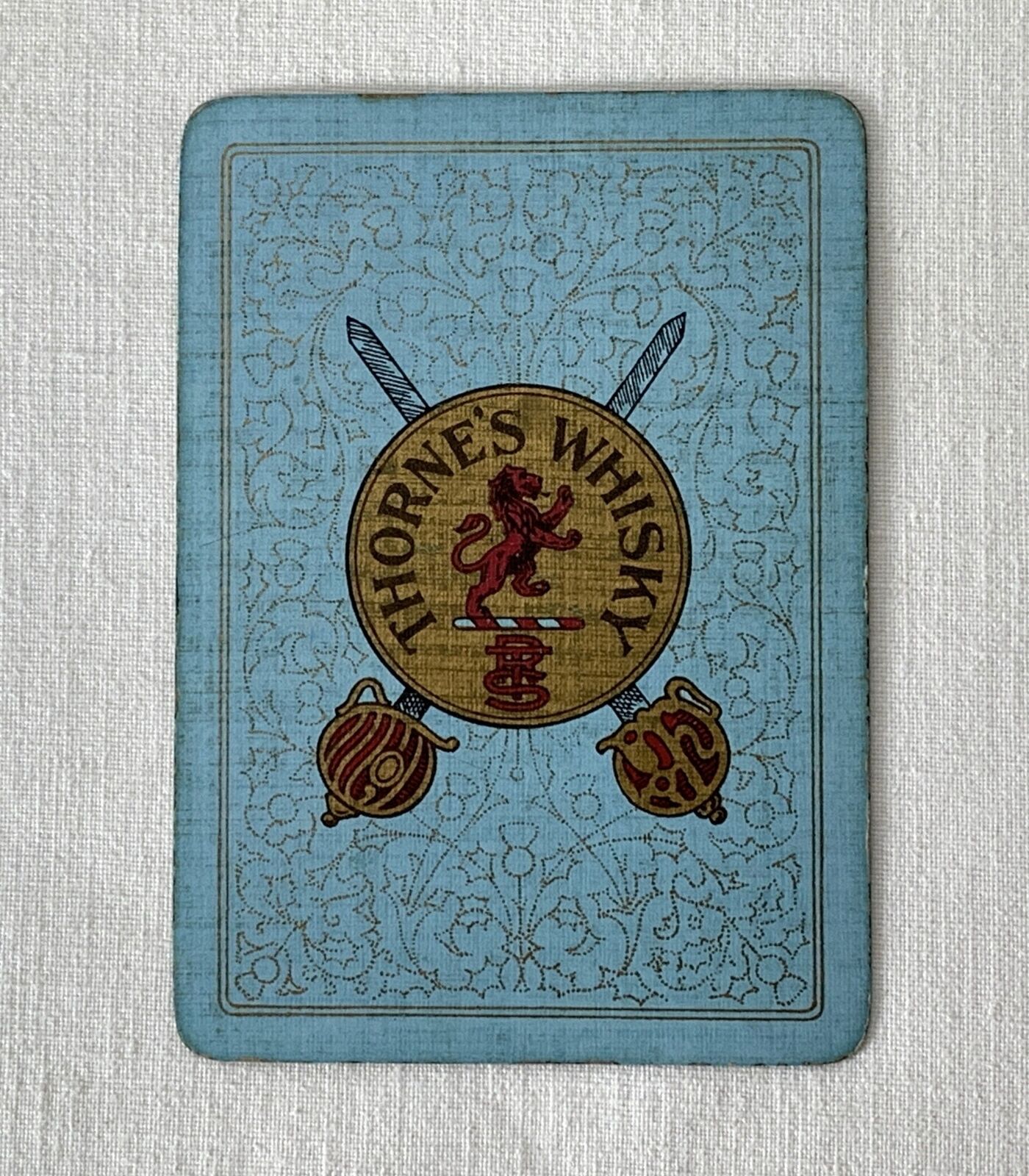 Vintage Chas Goodall THORNE\'S WHISKY Swap Playing Card - Pale Blue & Gold