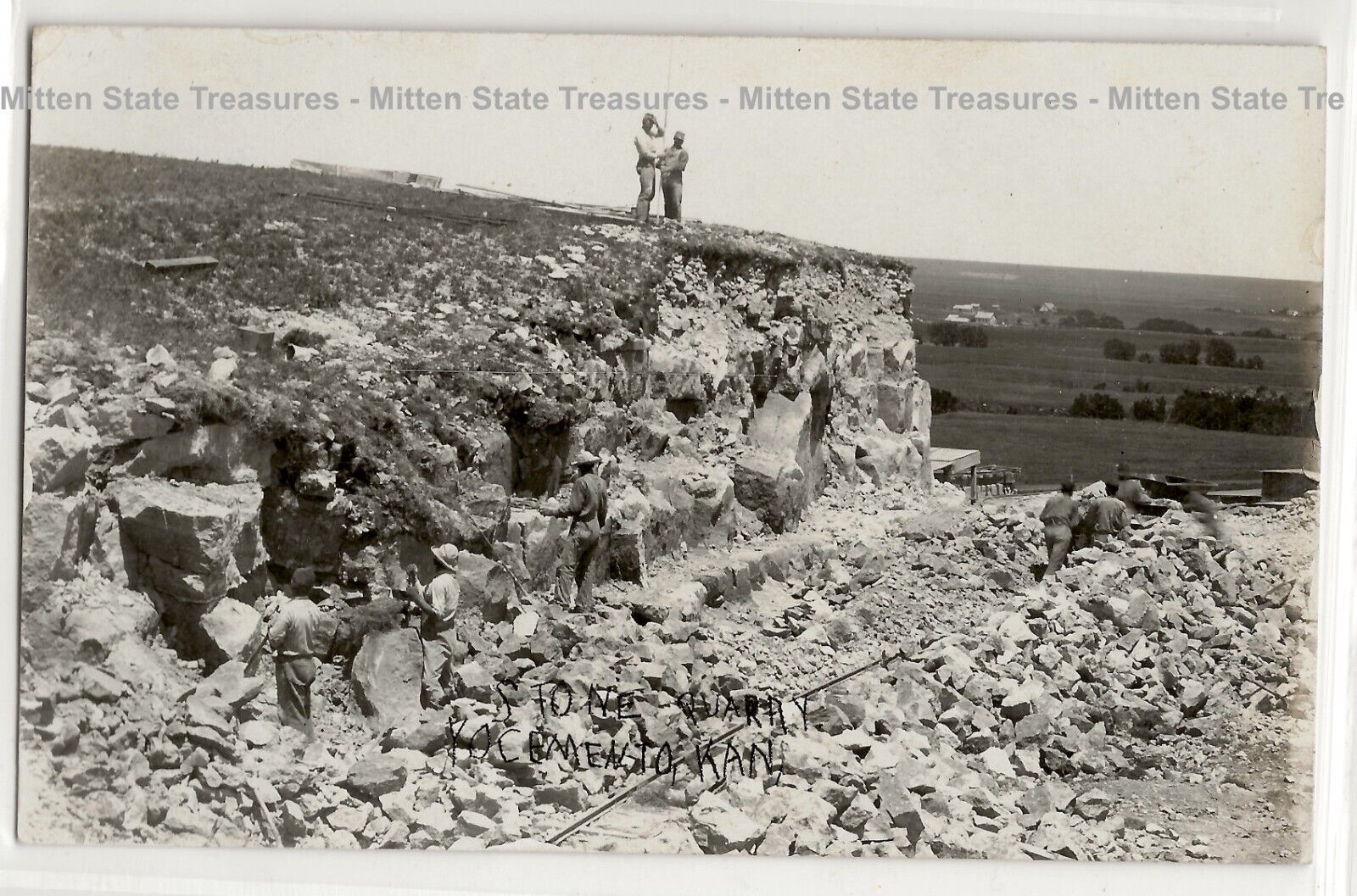Stone rock quarry, workers, Yocemento, Kansas; Ellis history photo postcard RPPC