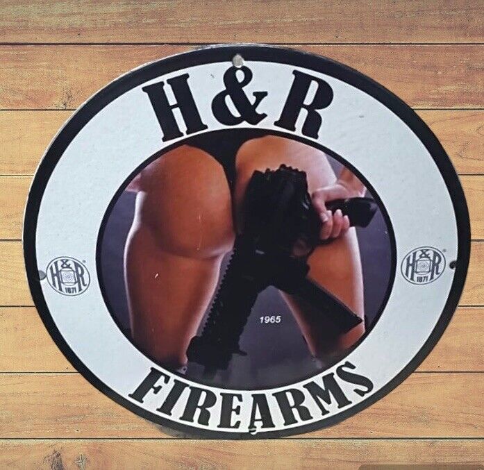VINTAGE H&R FIREARMS PINUP GIRL NAKED PORCELAIN SIGN GAS OIL AMMO GUNS PLATE AD