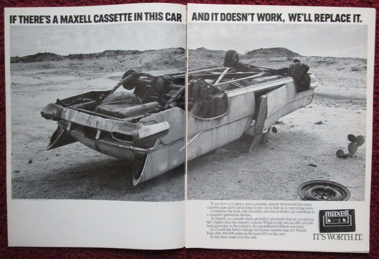 1980 MAXELL Cassette Audio Tapes Print Ad ~ Flipped Over Car in the Desert