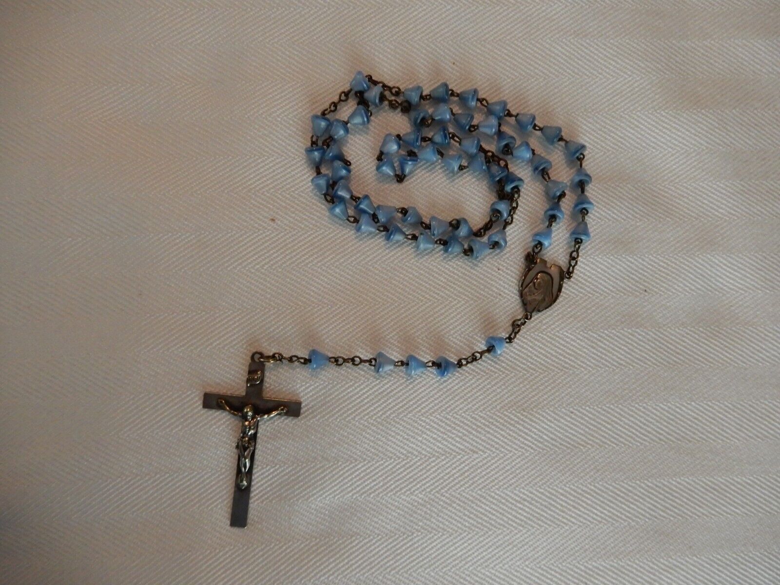 Vintage Roman Catholic Rosary Beads, Blue Glass Beads ~ 17