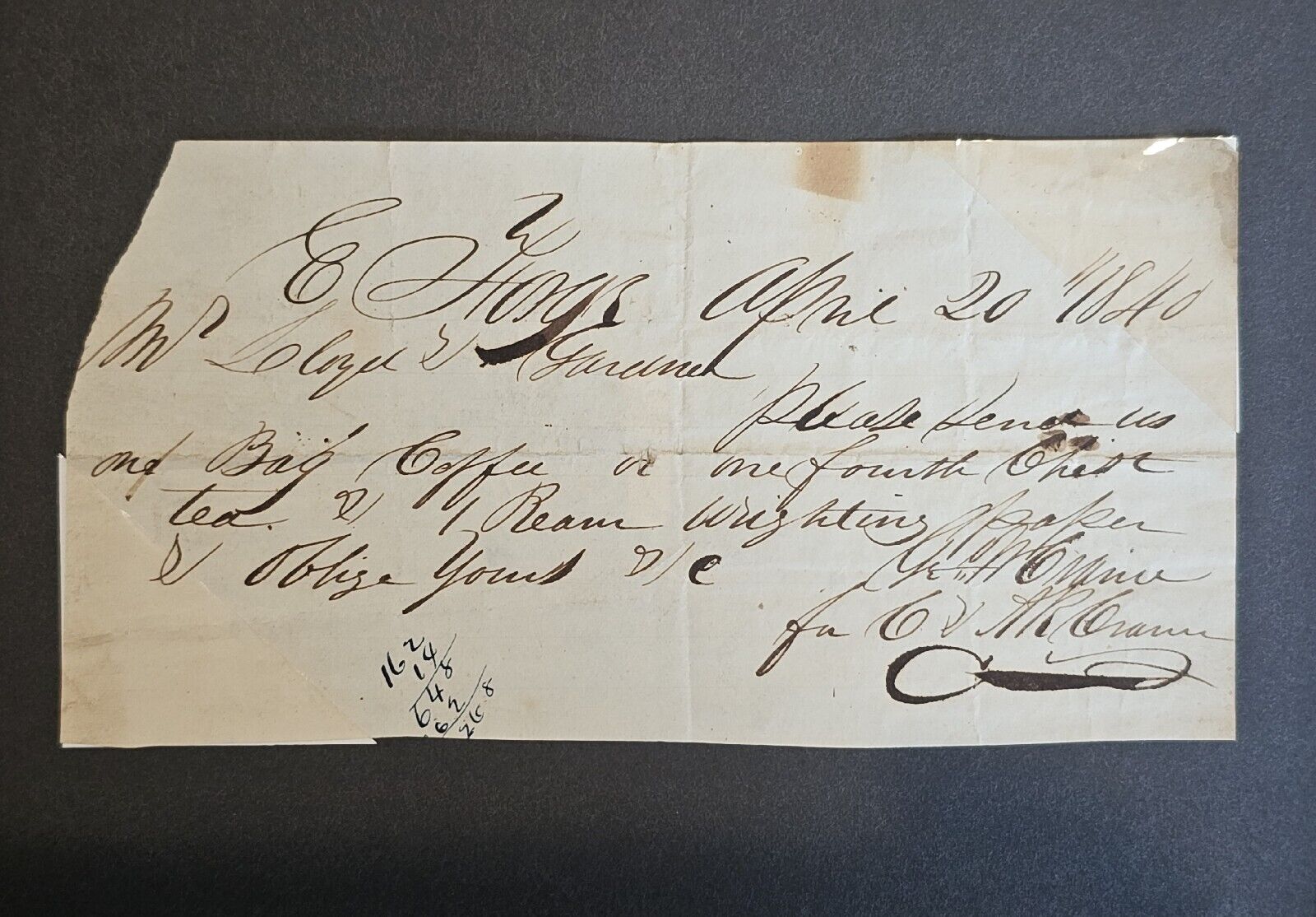 1840 Hollidaysburgh PA Request For Coffee & Tea Sent to Forge