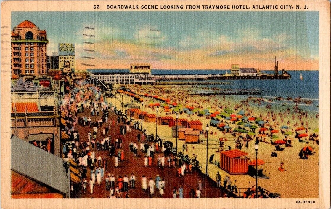postcard Boardwalk Scene Looking From Traymore Hotel Atlantic City New Jersey A9