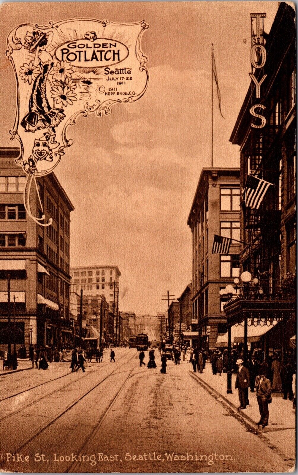 Postcard Golden Potlatch Pike Street Looking East in Seattle Washington~136540