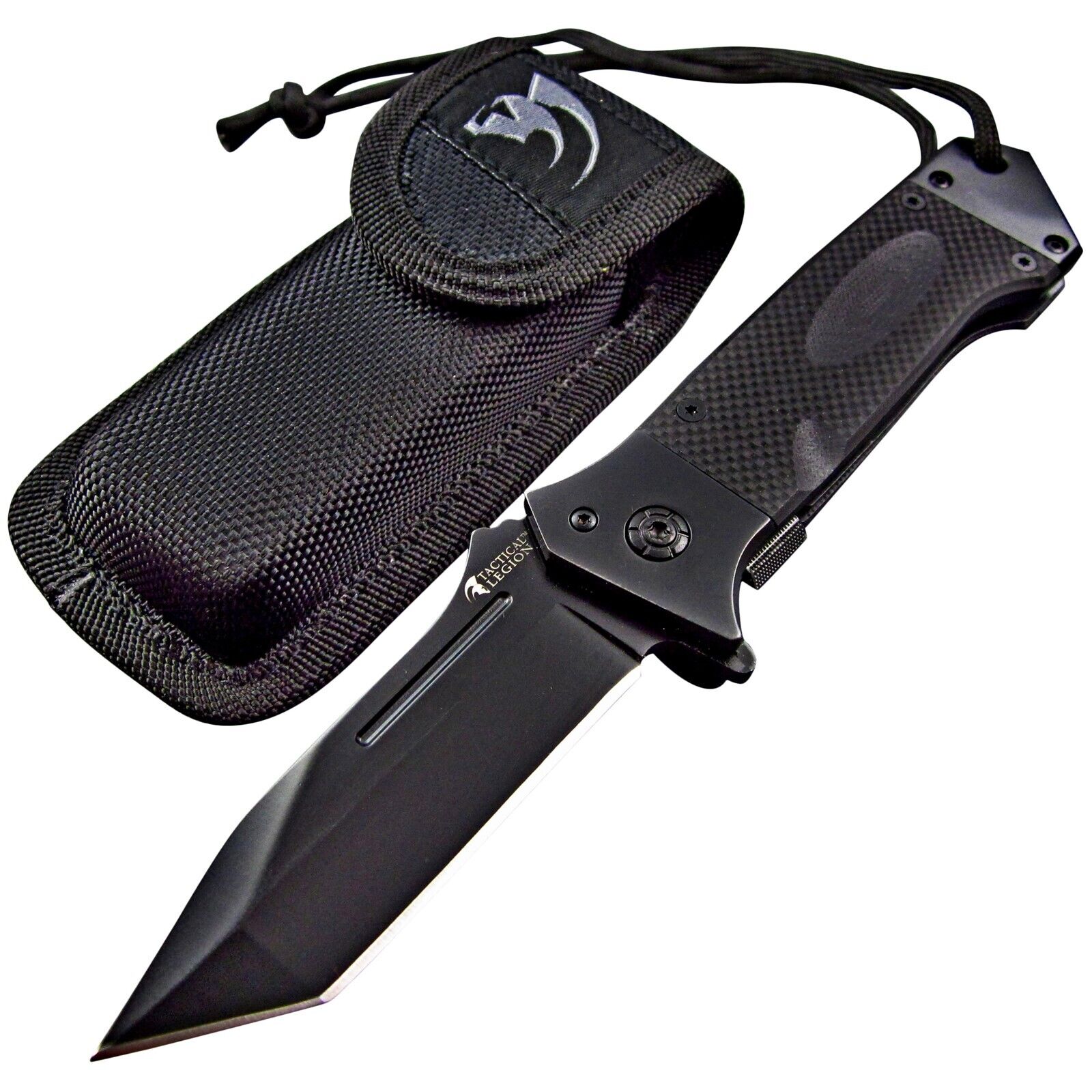 Large Black G10 Tanto Blade Ball Bearing Camping EDC Folding Pocket Knife Sheath