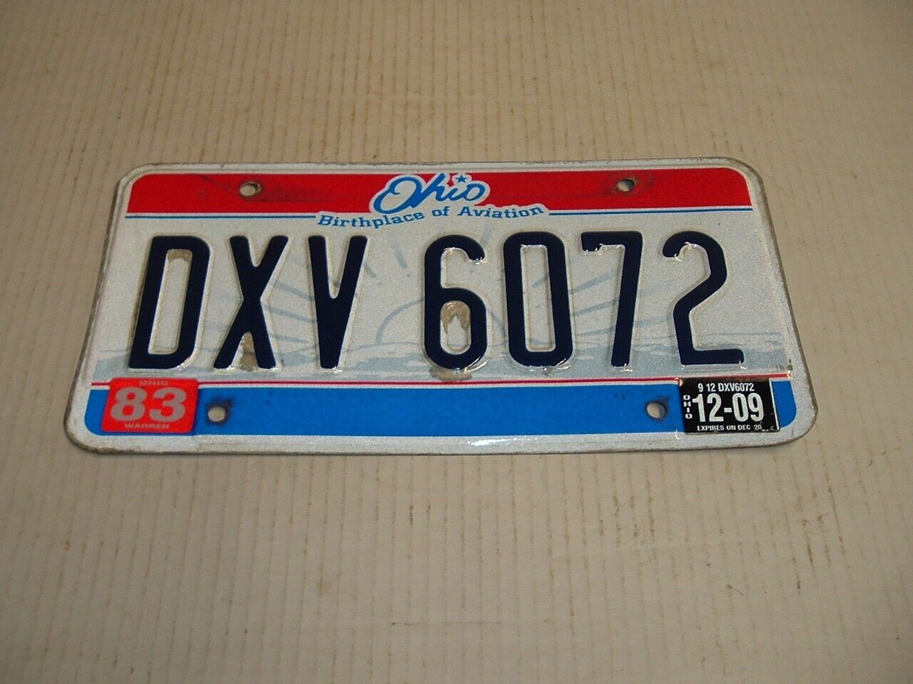 Ohio Birthplace of Aviation 2009 License Plate DXV 6072